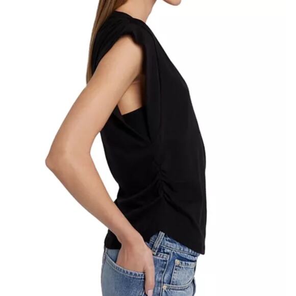 New 7 FOR ALL MANKIND Extended Shoulder V Neck Ruched Tee Women’s SIZE S Black - Picture 2 of 9
